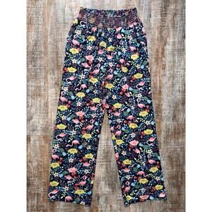 Blue Flamingo and Floral Tropical Lounge Pajama Pants Elastic Waist Pull On Med
